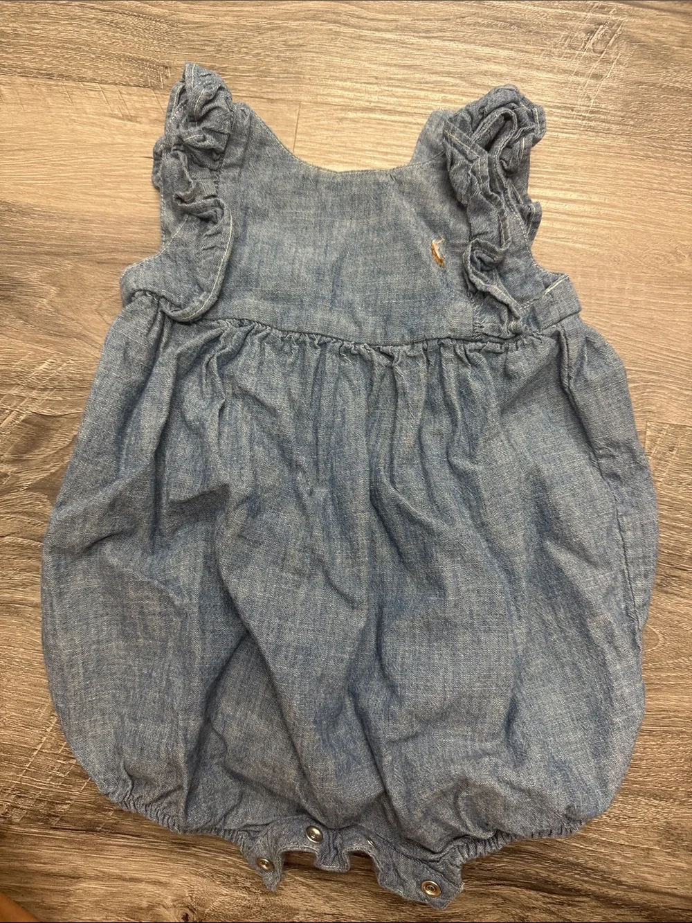 Ralph Lauren Blue Chambray Bubble Romper with Ruffle Straps